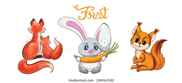 Collage of Cartoon fox and rabbit smiling with carrot vector. Forest animals idea