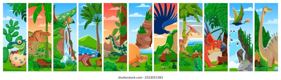 Collage con dibujos animados de dinosaurios prehistóricos y personajes de niños dino. Dinosaurios jurásicos lindos en bosque prehistórico. Divertido tiranosaurio, diplodocus, tapejara, ankylosaurus y sarcosuchus bebé