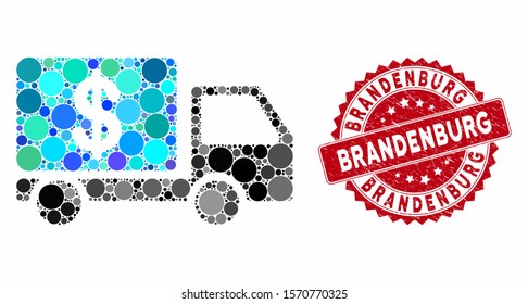 Collage cash delivery car and rubber stamp seal with Brandenburg caption. Mosaic vector is created with cash delivery car icon and with random round elements. Brandenburg stamp seal uses red color,