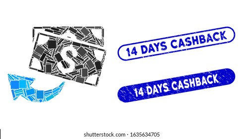 Collage cashback and corroded stamp seals with 14 Days Cashback text. Mosaic vector cashback is composed with random rectangle items. 14 Days Cashback stamp seals use blue color,