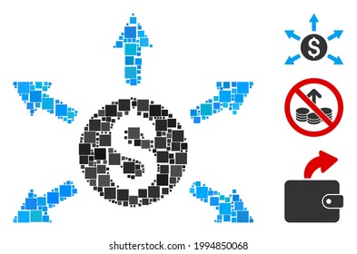 Collage Cashout icon composed of square items in different sizes and color hues. Vector square items are organized into abstract collage cashout icon. Bonus icons are added.