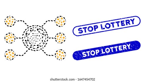 Collage casino chip circuit and grunge stamp seals with Stop Lottery text. Mosaic vector casino chip circuit is formed with random oval dots. Stop Lottery stamp seals use blue color,