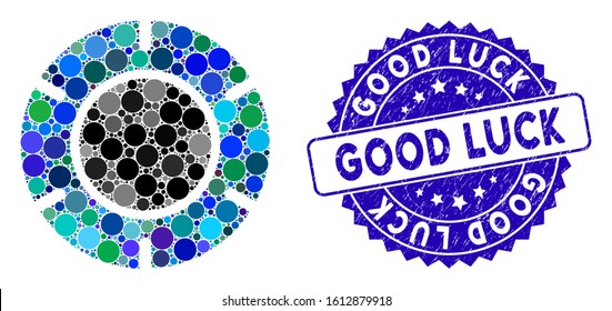 Collage casino chip icon and grunge stamp seal with Good Luck text. Mosaic vector is formed with casino chip icon and with random spheric items. Good Luck stamp uses blue color, and grunge design.