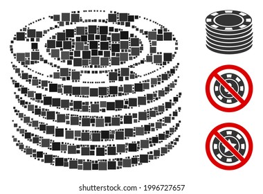 Collage Casino chip stack icon united from square items in different sizes and color hues. Vector square items are united into abstract composition casino chip stack icon. Bonus icons are placed.