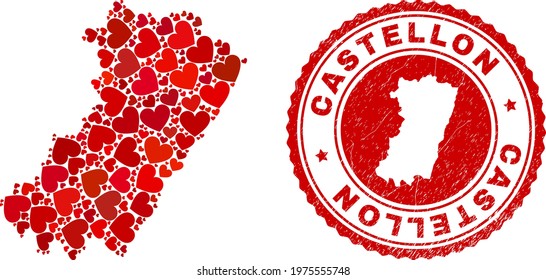 Collage Castellon Province map composed from red love hearts, and grunge seal. Vector lovely round red rubber seal imprint with Castellon Province map inside.