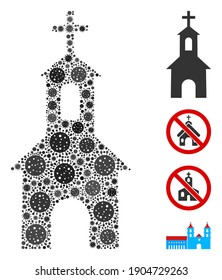 Collage catholic kirch constructed from SARS virus icons in various sizes and color hues. Vector viral icons are composed into abstract composition catholic kirch icon. Some bonus icons are added.