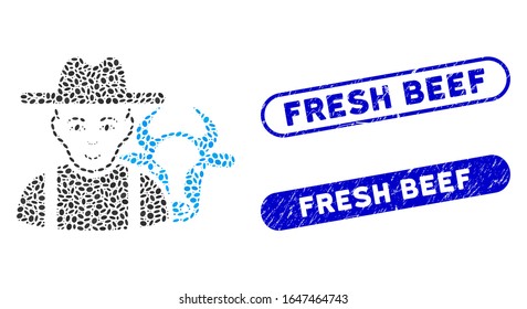 Collage cattle farmer and grunge stamp seals with Fresh Beef text. Mosaic vector cattle farmer is composed with random ellipse elements.  