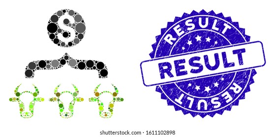 Collage cattle result money icon and distressed stamp watermark with Result text. Mosaic vector is formed with cattle result money icon and with random round items. Result stamp seal uses blue color,