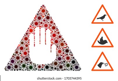 Collage caution constructed from coronavirus icons in random sizes, red colors. Vector infection icons are arranged into abstract collage caution icon. Some bonus icons are added.