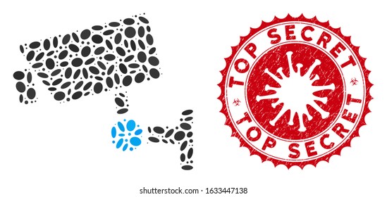 Collage CCTV camera icon and red round distressed stamp seal with Top Secret phrase and coronavirus symbol. Mosaic vector is created with CCTV camera icon and with scattered elliptic elements.
