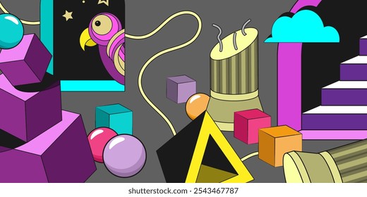 Collage with chaotically placed multi-colored psychedelic objects on a gray background. Vector illustration