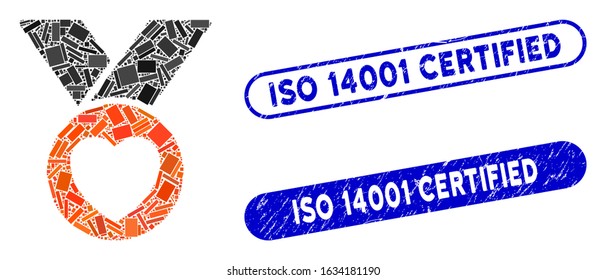 Collage charity medal and corroded stamp seals with ISO 14001 Certified caption. Mosaic vector charity medal is formed with random rectangle items. ISO 14001 Certified stamp seals use blue color,