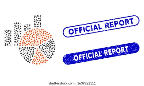 Collage charts and distressed stamp seals with Official Report caption. Mosaic vector charts is composed with scattered elliptic spots. Official Report stamp seals use blue color,