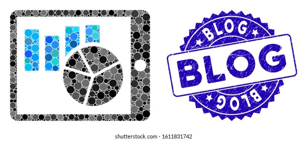 Collage charts on PDA icon and distressed stamp seal with Blog text. Mosaic vector is formed with charts on PDA pictogram and with randomized spheric elements. Blog stamp seal uses blue color,