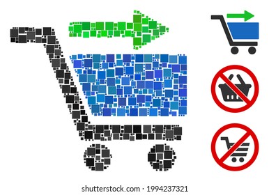 Collage Check out cart icon composed of square items in random sizes and color hues. Vector square items are organized into abstract collage check out cart icon. Bonus pictograms are placed.