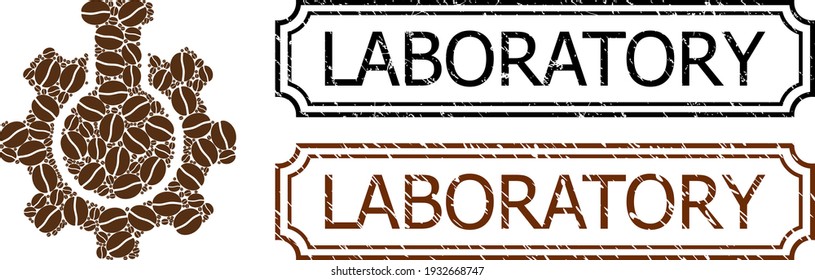 Collage chemical industry united from cacao seeds, and grunge Laboratory rectangle seals with notches. Vector coffee elements are grouped into abstract collage chemical industry icon with brown color.