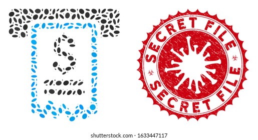 Collage cheque payment icon and red round corroded stamp seal with Secret File phrase and coronavirus symbol. Mosaic vector is designed with cheque payment icon and with random ellipse elements.