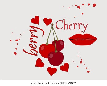 Collage of cherries, lips and heart. Text with splashes. Grunge style. Vector illustration.