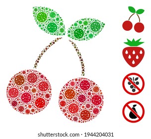 Cerezo de Collage compuesto de elementos del coronavirus en tamaños aleatorios y tonos de color. Los iconos de patógenos vectoriales se unen en un icono de cereza de collage abstracto. Se añaden algunos iconos adicionales.
