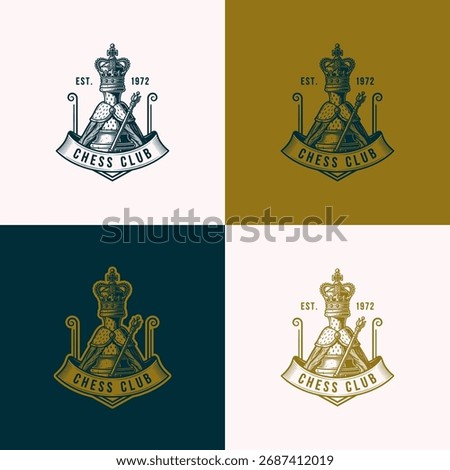 Collage of chess club logos featuring a king with a crown. Each logo has a banner with the text "CHESS CLUB".