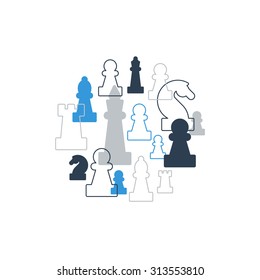Collage of chess pieces in circle, chess club or school, competition or strategy concept.