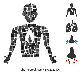 Collage Chest pain icon constructed from square items in different sizes and color hues. Vector square parts are composed into abstract collage chest pain icon. Bonus icons are placed.