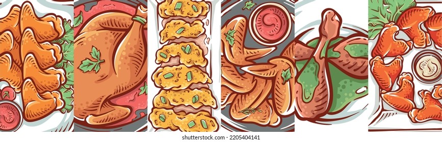 Collage of chicken dish product. Food chicken illustration drawing collection poster hand-drawn vector design