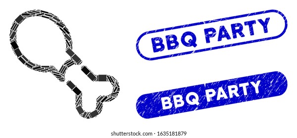 Collage chicken leg and corroded stamp seals with BBQ Party text. Mosaic vector chicken leg is designed with randomized rectangle items. BBQ Party stamp seals use blue color,
