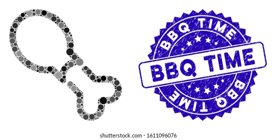 Collage chicken leg icon and rubber stamp seal with BBQ Time caption. Mosaic vector is composed with chicken leg icon and with scattered spheric spots. BBQ Time stamp seal uses blue color,