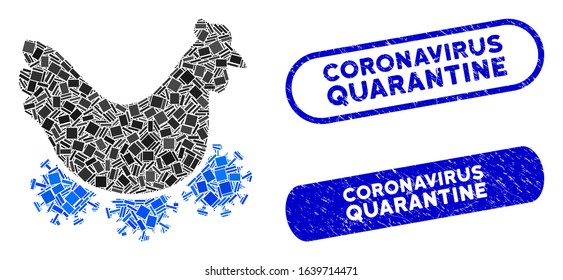 Collage chicken virus icon and red rounded grunge stamp seal with Coronavirus Quarantine text and coronavirus symbol. Mosaic vector is created with chicken virus icon and with scattered circle spots.