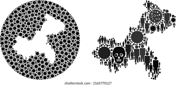 Collage Chongqing City map composed of SARS virus icons and humans and skeleton icons. Sick virus Chongqing City map collage composed with circle and stencil.
