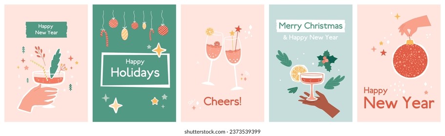 Collage Christmas cards set. Collection of New Year celebration posters, arts, templates with composite image elements. Disco ball, hand holding cocktail glass, champagne. Vector illustration.