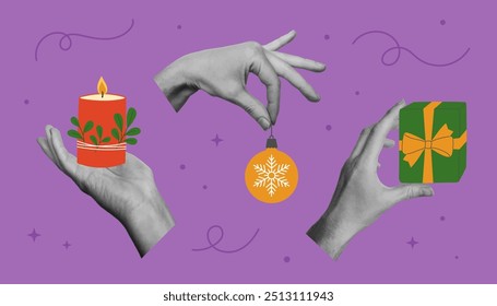 Collage christmas design with hands. Trendy pop art designs for winter holidays. Vector illustration