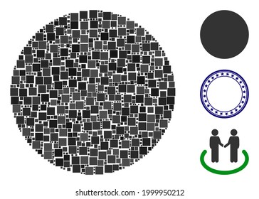 Collage Circle icon designed from square items in different sizes and color hues. Vector square items are organized into abstract collage circle icon. Bonus pictograms are added.