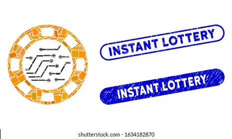 Collage circuit casino chip and corroded stamp watermarks with Instant Lottery text. Mosaic vector circuit casino chip is created with randomized rectangle items.