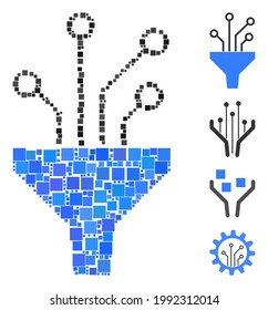 Icono de filtro del circuito de recopilación unido de elementos cuadrados de diferentes tamaños y colores. Los elementos cuadrados vectoriales se componen en un icono de filtro de circuito de collage abstracto. Se agregan iconos de bonificación.