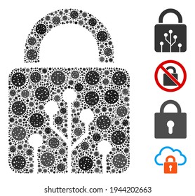Collage circuit lock designed from flu virus icons in random sizes and color hues. Vector pathogen icons are united into abstract mosaic circuit lock icon. Some bonus icons are added.