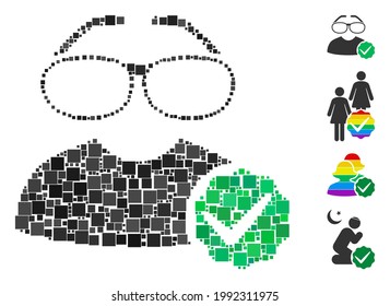 Collage For clevers Symbol vereint aus quadratischen Elementen in verschiedenen Größen und Farbtönen. Vektorquadratische Elemente werden für das Symbol "Clevers"zu einer abstrakten Komposition zusammengeführt. Bonuspiktogramme werden platziert.