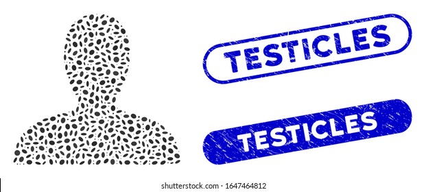Sammle Klienten- und Gummi-Siegel mit Hoden-Beschriftung. Mosaik Vektorillustration Client wird mit verstreuten elliptischen Flecken erstellt. Stempelsiegel der Hoden verwenden blaue Farben und haben ein rundes Rechteck.
