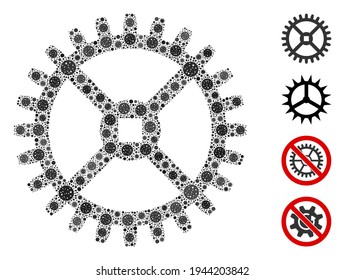 Collage clock gear organized from coronavirus items in random sizes and color hues. Vector infection icons are organized into abstract collage clock gear icon. Some bonus icons are added.