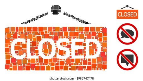 Collage Closed announce icon organized from square elements in various sizes and color hues. Vector square elements are organized into abstract mosaic closed announce icon. Bonus pictograms are added.