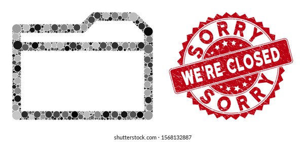 Collage closed folder and rubber stamp seal with Sorry We'Re Closed text. Mosaic vector is composed with closed folder icon and with random spheric items. Sorry We'Re Closed stamp seal uses red color,