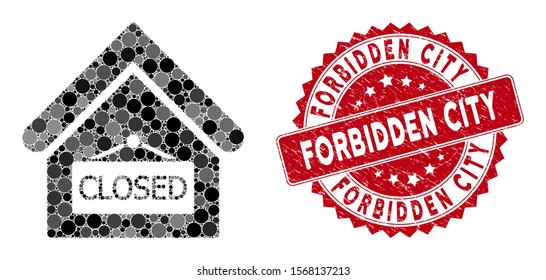Collage closed office and rubber stamp seal with Forbidden City phrase. Mosaic vector is designed with closed office icon and with randomized round spots. Forbidden City stamp seal uses red color,