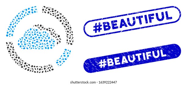 Collage cloud diagrams and corroded stamp seals with #Beautiful text. Mosaic vector cloud diagrams is created with scattered ellipse pieces. #Beautiful stamp seals use blue color,