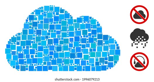 Collage Cloud icon designed from square elements in different sizes and color hues. Vector square elements are grouped into abstract collage cloud icon. Bonus pictograms are added.