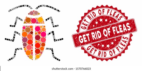Collage cockroach and rubber stamp seal with Get Rid of Fleas phrase. Mosaic vector is composed with cockroach icon and with randomized round items. Get Rid of Fleas stamp uses red color,