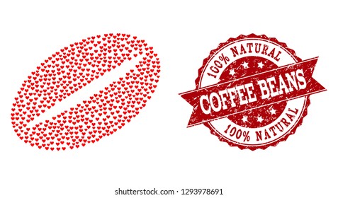 Collage coffee bean designed with red valentine hearts, and isolated grunge stamp. Composition for Valentines Day. Coffee bean concept constructed with small random amour heart items.