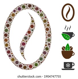 Collage coffee bean united from flu virus icons in various sizes and color hues. Vector pathogen icons are united into abstract mosaic coffee bean icon. Some bonus icons are added.
