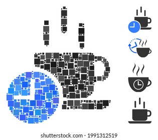 Collage Coffee break icon designed from square items in variable sizes and color hues. Vector square items are combined into abstract collage coffee break icon. Bonus icons are added.