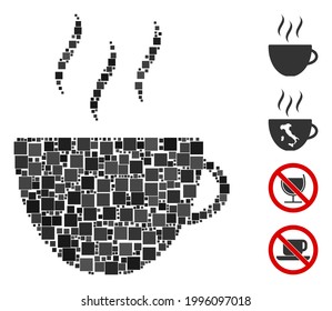 Collage Coffee cup icon composed of square items in various sizes and color hues. Vector square items are combined into abstract collage coffee cup icon. Bonus pictograms are added.